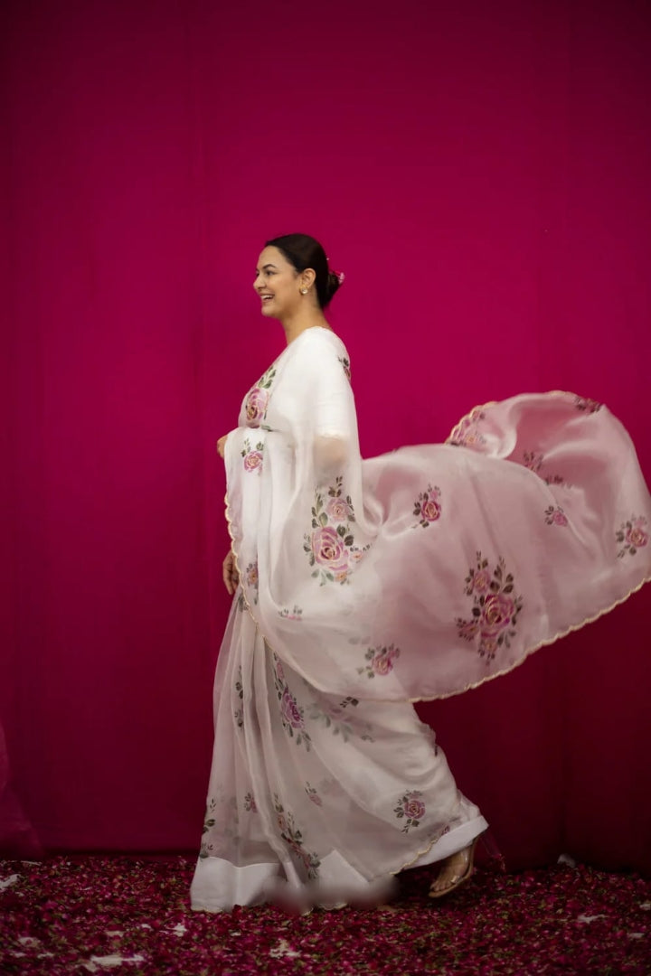 Floral Organza Ready to Wear Saree with Stitched Blouse