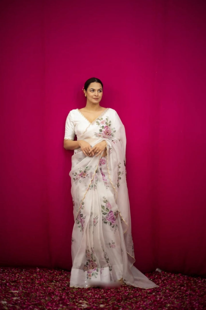 Floral Organza Ready to Wear Saree with Stitched Blouse