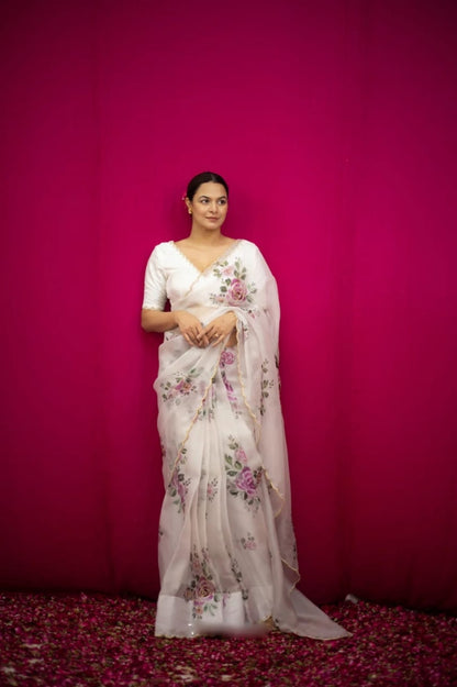 Floral Organza Ready to Wear Saree with Stitched Blouse