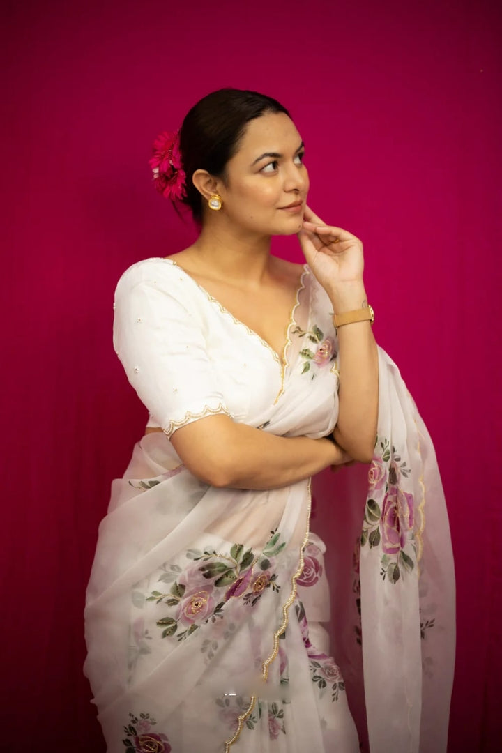 Floral Organza Ready to Wear Saree with Stitched Blouse
