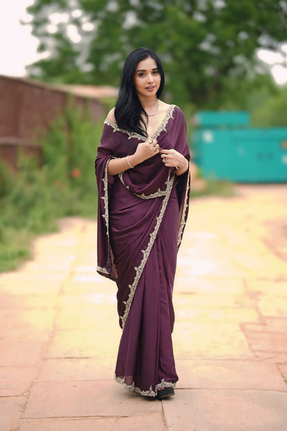 Ready to Wear Satin Silk Saree with Stitched Blouse - Festive Wear