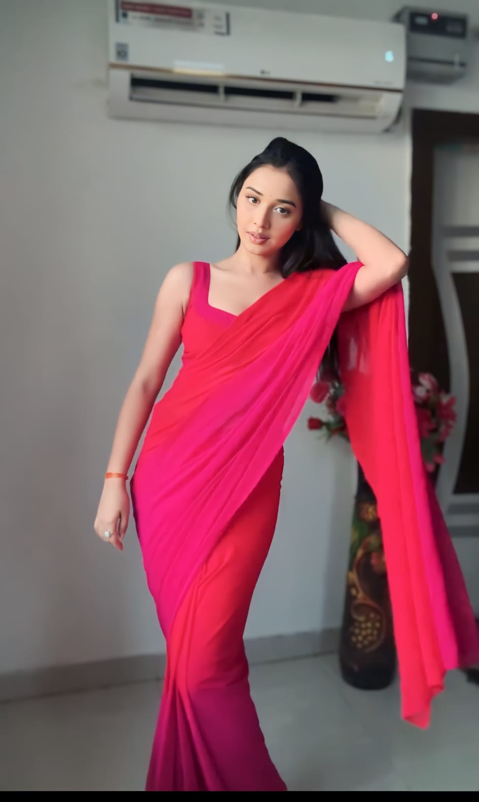 Red & Pink Ombre Georgette Ready to Wear Saree - Ethnic Fashion