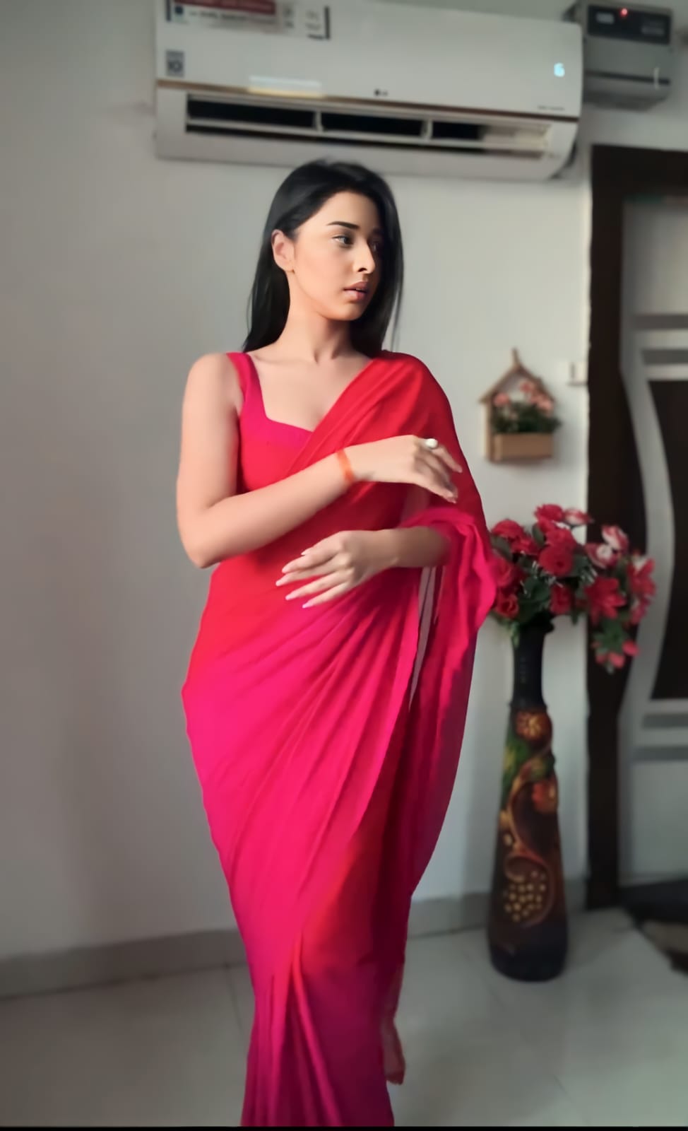 Red & Pink Ombre Georgette Ready to Wear Saree - Ethnic Fashion