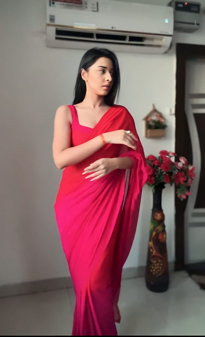 Red & Pink Ombre Georgette Ready to Wear Saree - Ethnic Fashion