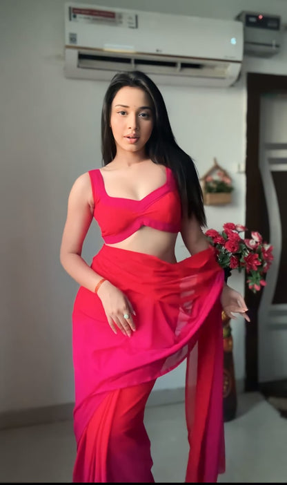 Red & Pink Ombre Georgette Ready to Wear Saree - Ethnic Fashion