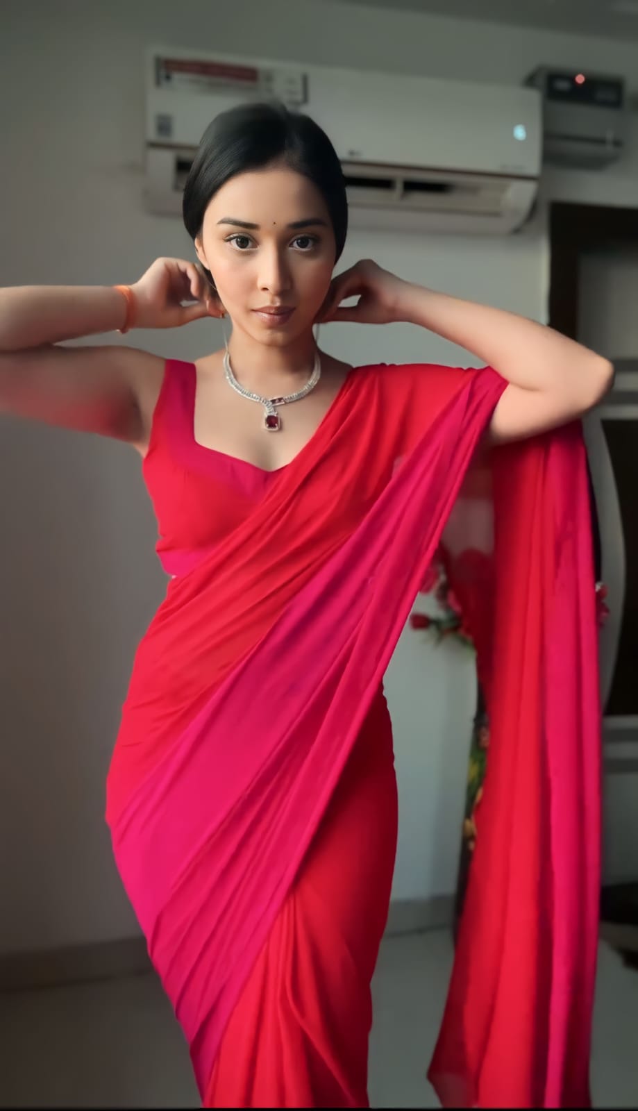 Red & Pink Ombre Georgette Ready to Wear Saree - Ethnic Fashion
