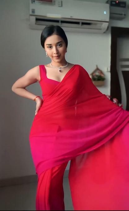 Red & Pink Ombre Georgette Ready to Wear Saree - Ethnic Fashion