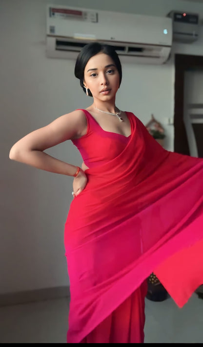 Red & Pink Ombre Georgette Ready to Wear Saree - Ethnic Fashion