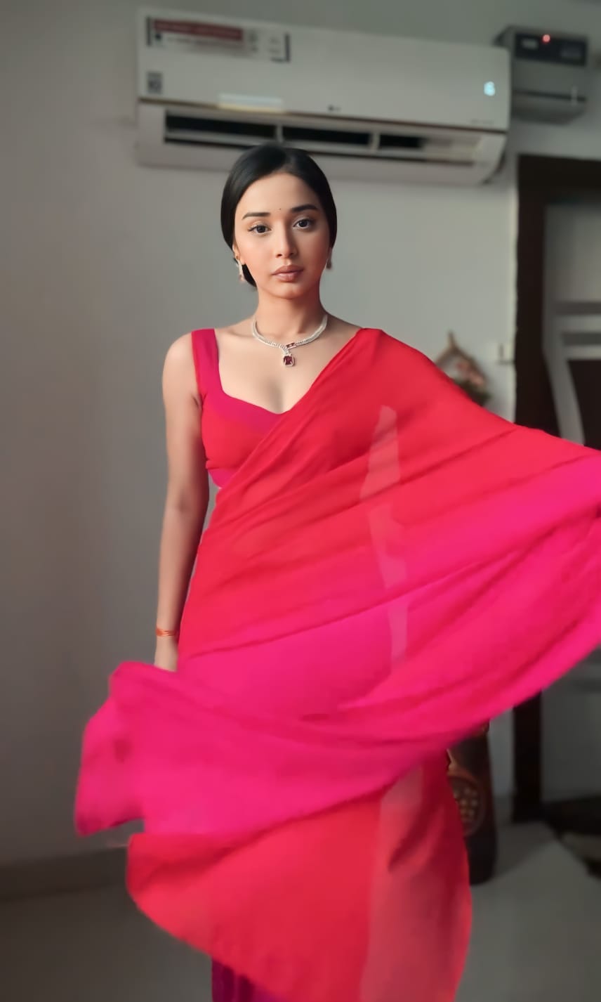 Red & Pink Ombre Georgette Ready to Wear Saree - Ethnic Fashion