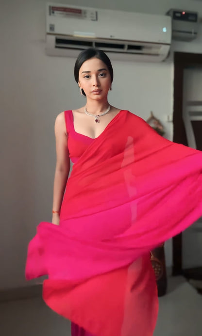 Red & Pink Ombre Georgette Ready to Wear Saree - Ethnic Fashion