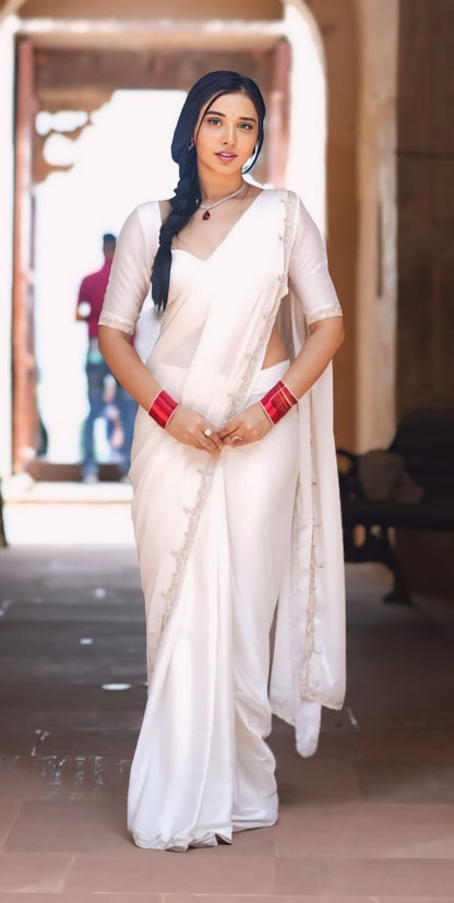 Ready to Wear Satin Silk Saree with Stitched Blouse - Festive Wear