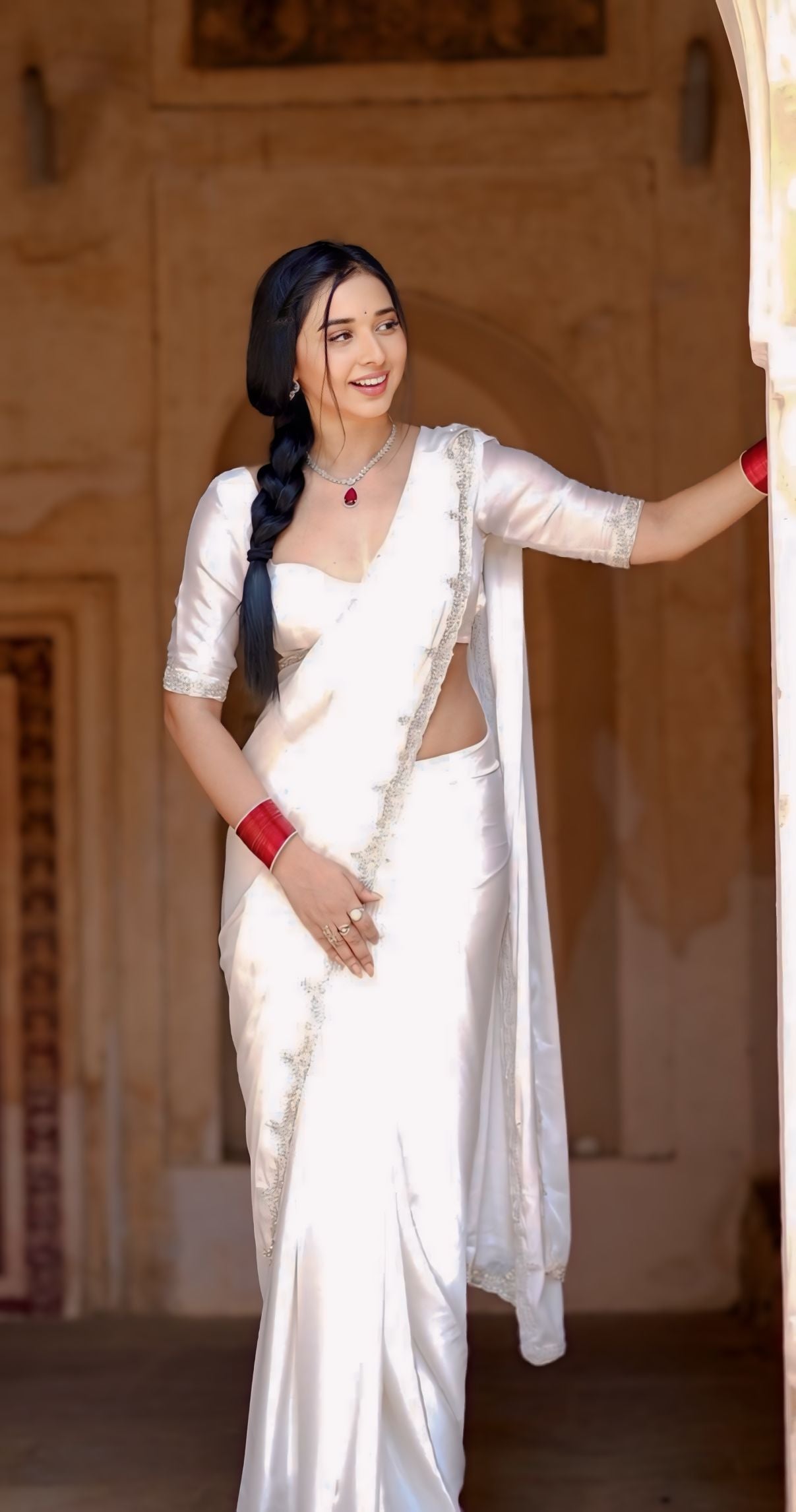 Ready to Wear Satin Silk Saree with Stitched Blouse - Festive Wear