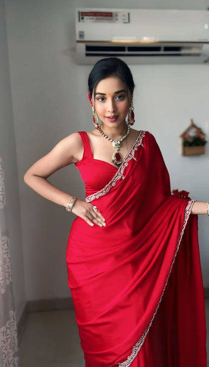 Ready to Wear Satin Silk Saree with Stitched Blouse - Festive Wear