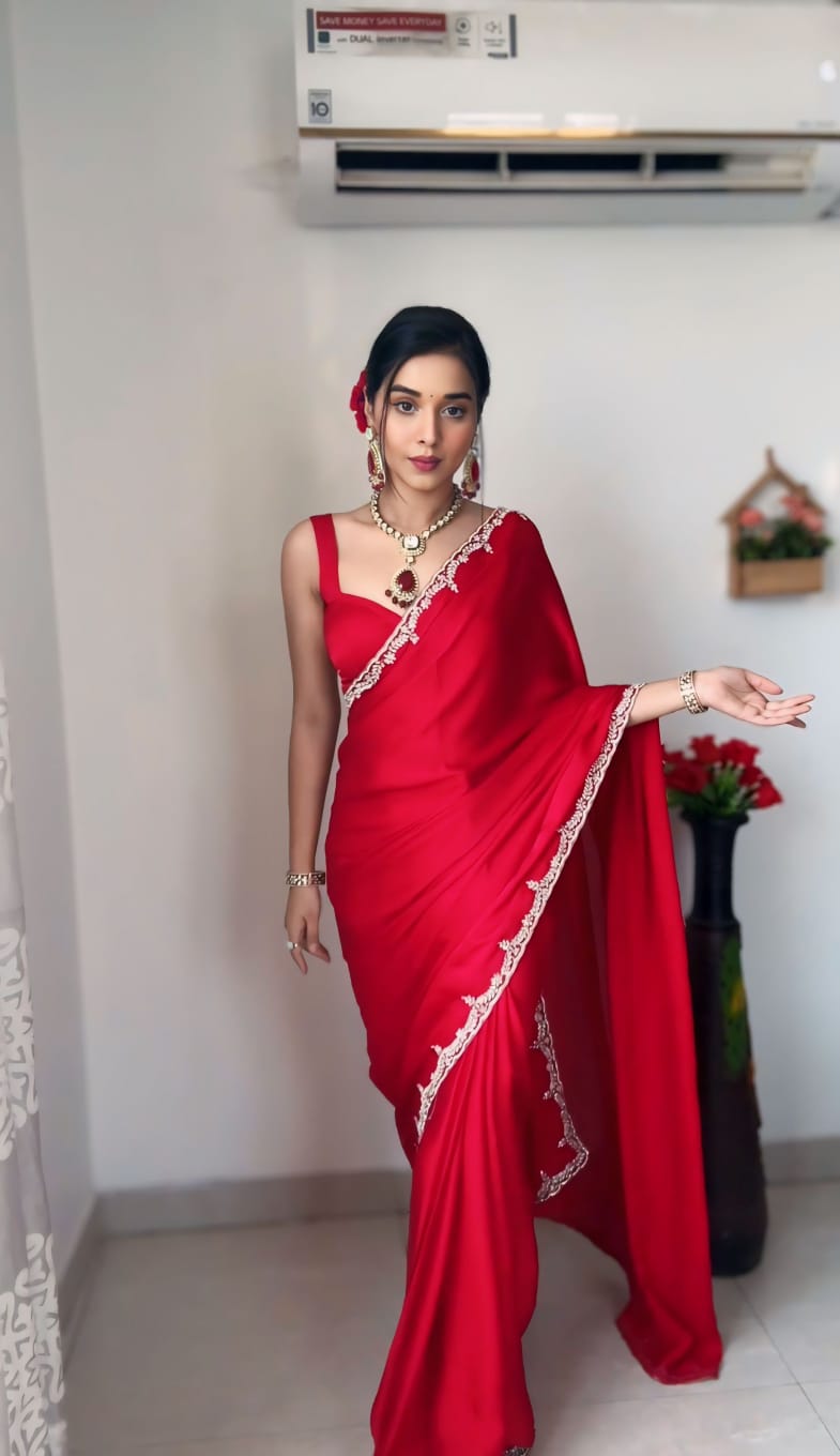 Ready to Wear Satin Silk Saree with Stitched Blouse - Festive Wear