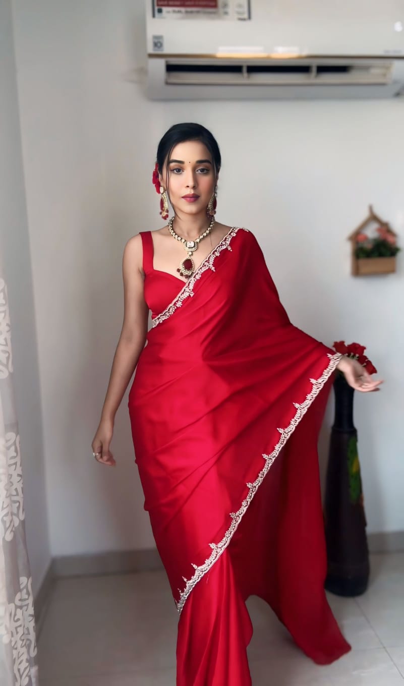 Ready to Wear Satin Silk Saree with Stitched Blouse - Festive Wear