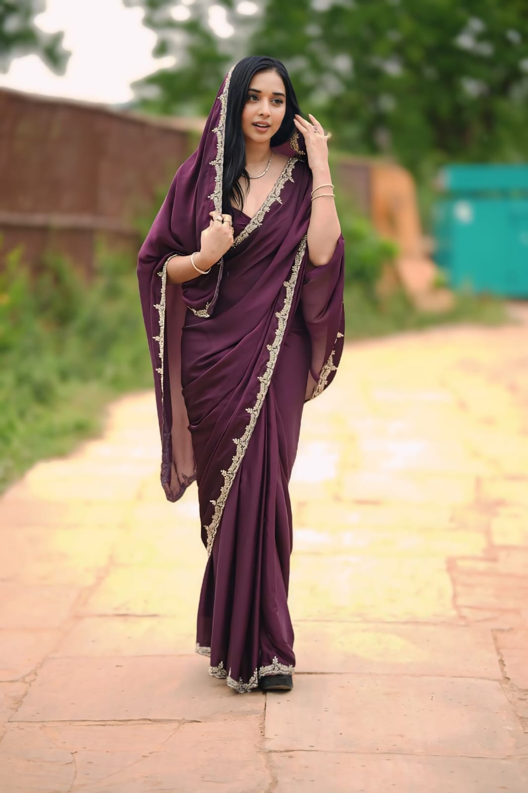 Ready to Wear Satin Silk Saree with Stitched Blouse - Festive Wear