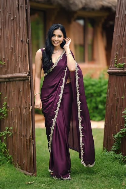 Ready to Wear Satin Silk Saree with Stitched Blouse - Festive Wear