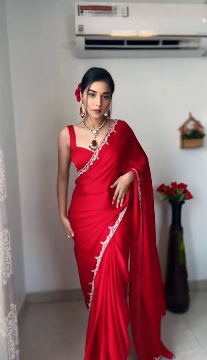 Ready to Wear Satin Silk Saree with Stitched Blouse - Festive Wear