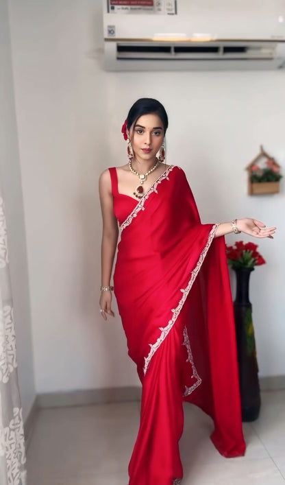 Ready to Wear Satin Silk Saree with Stitched Blouse - Festive Wear