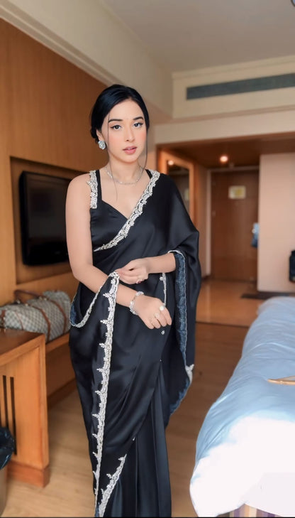 Ready to Wear Satin Silk Saree with Stitched Blouse - Festive Wear