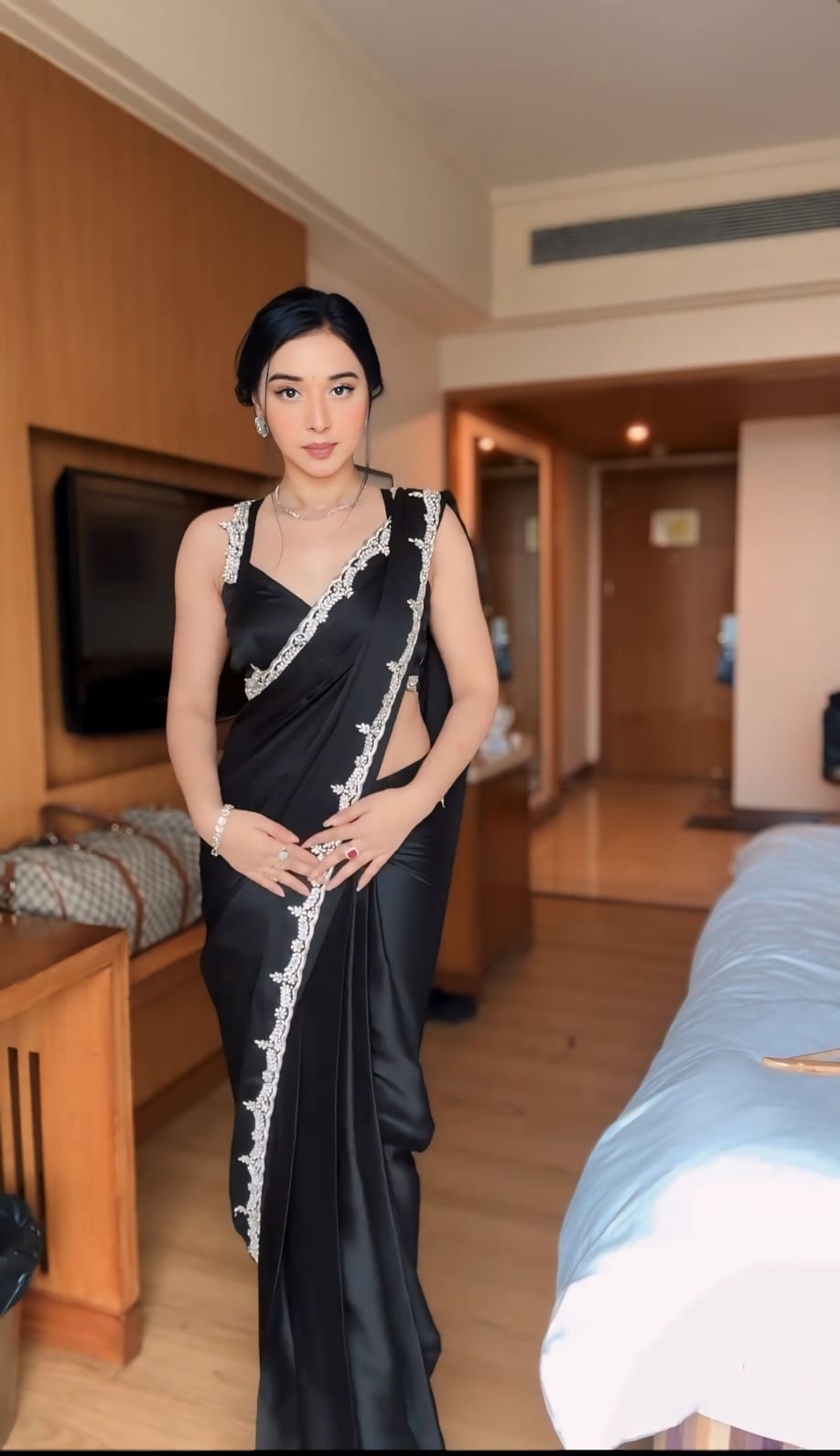 Ready to Wear Satin Silk Saree with Stitched Blouse - Festive Wear
