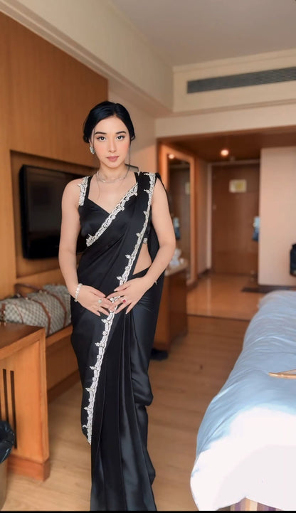 Ready to Wear Satin Silk Saree with Stitched Blouse - Festive Wear
