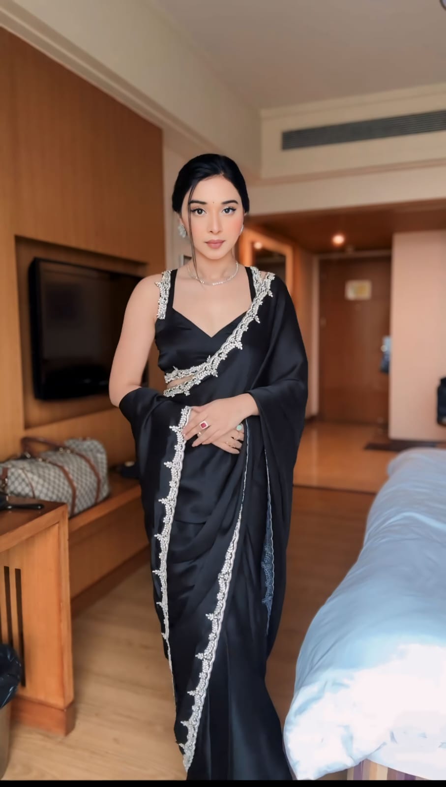 Ready to Wear Satin Silk Saree with Stitched Blouse - Festive Wear