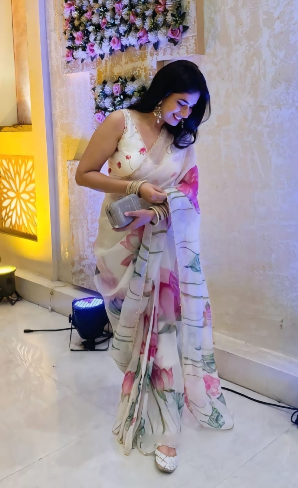 Floral Organza Ready to Wear Saree with Scalloped Border