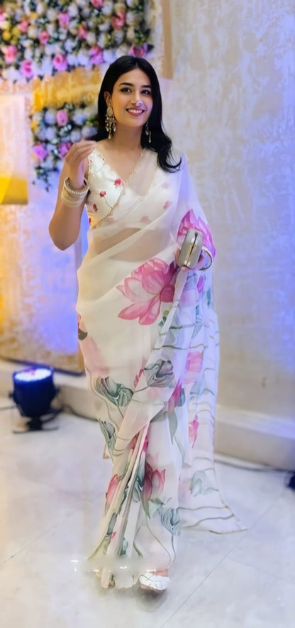 Floral Organza Ready to Wear Saree with Scalloped Border