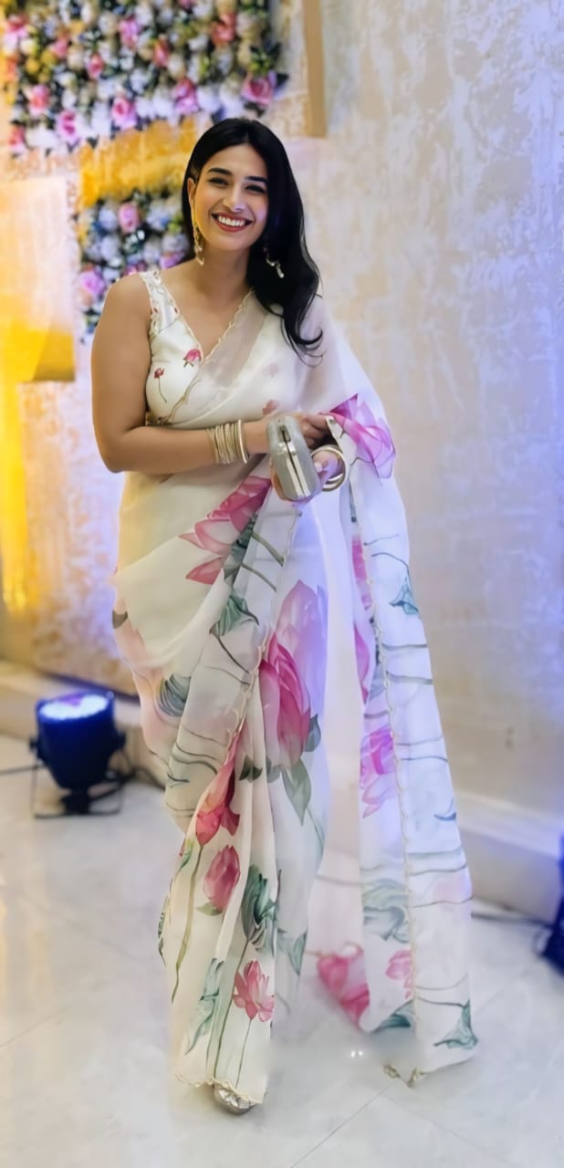 Floral Organza Ready to Wear Saree with Scalloped Border