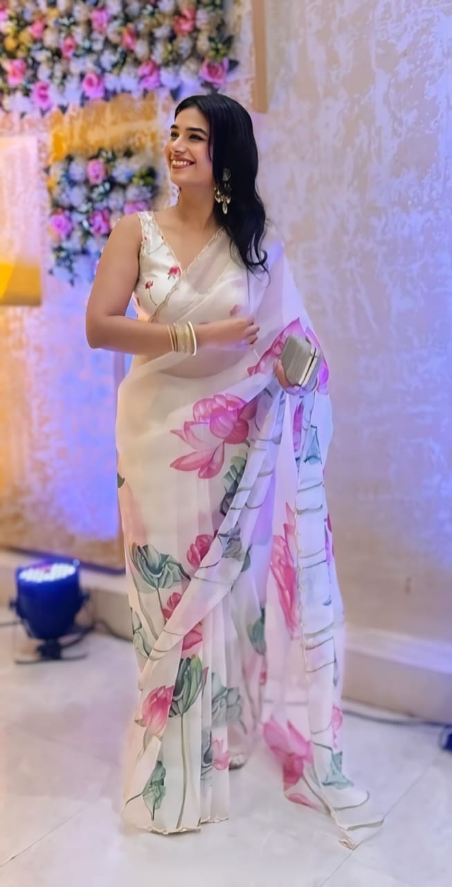 Floral Organza Ready to Wear Saree with Scalloped Border