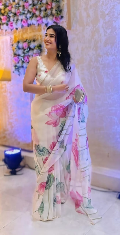 Floral Organza Ready to Wear Saree with Scalloped Border