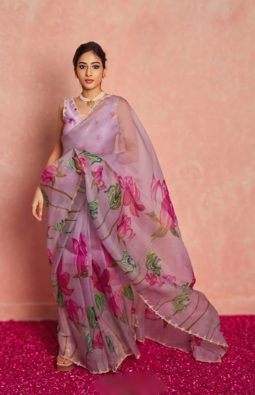 Floral Organza Ready to Wear Saree with Scalloped Border