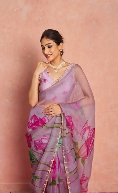 Floral Organza Ready to Wear Saree with Scalloped Border