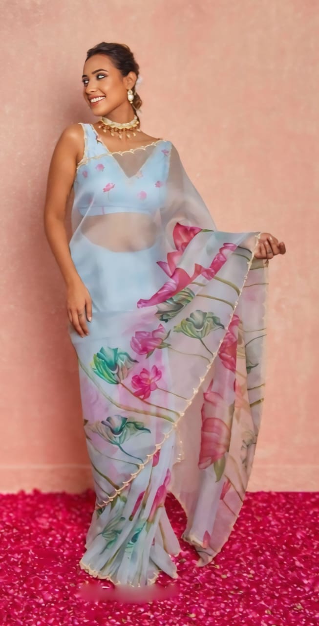 Floral Organza Ready to Wear Saree with Scalloped Border