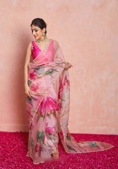 Floral Organza Ready to Wear Saree with Scalloped Border