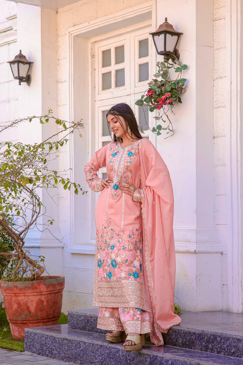Premium Chinon Heavy Embroidery Plazo Salwar Kameez with Dupatta