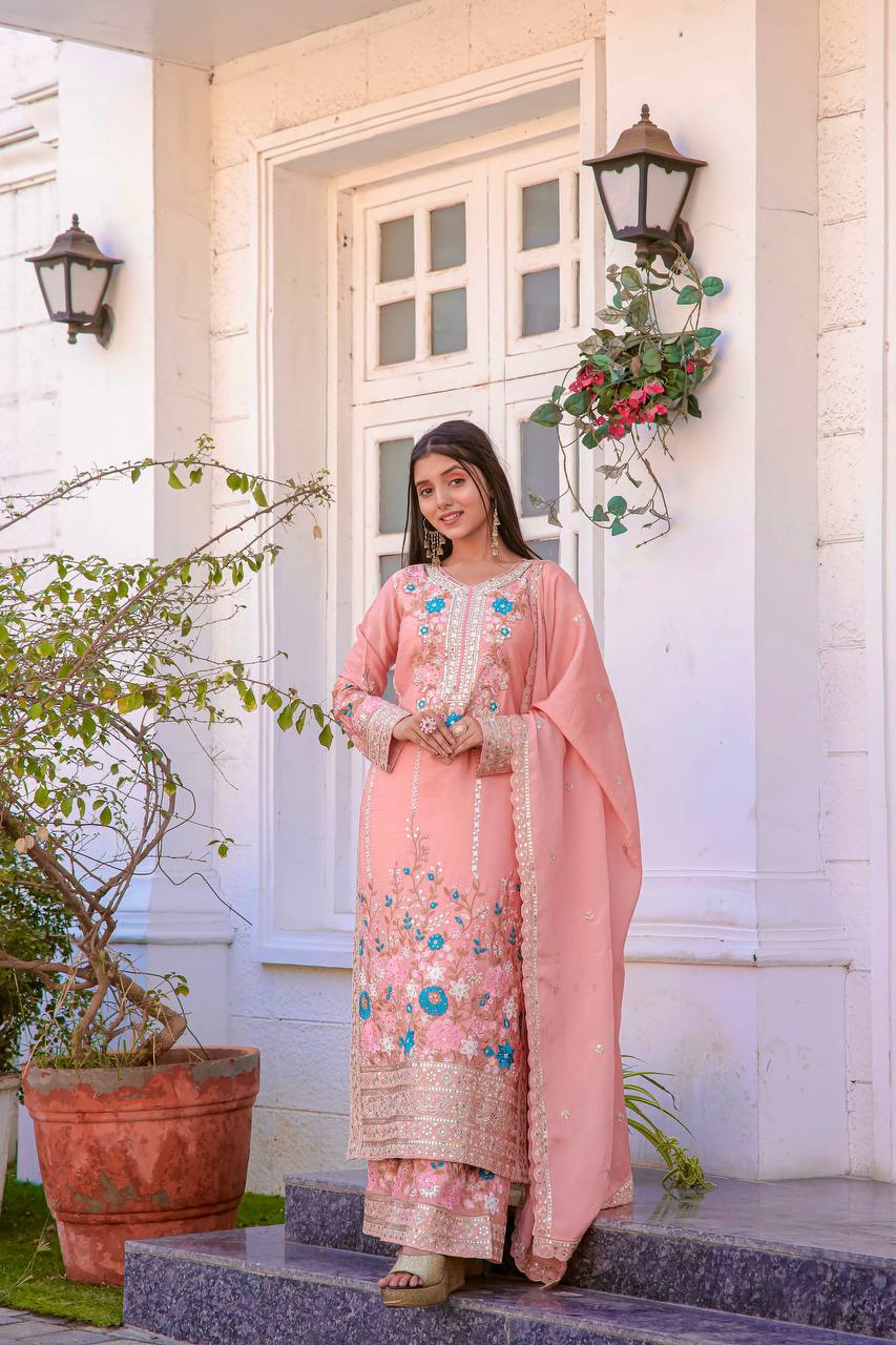 Premium Chinon Heavy Embroidery Plazo Salwar Kameez with Dupatta