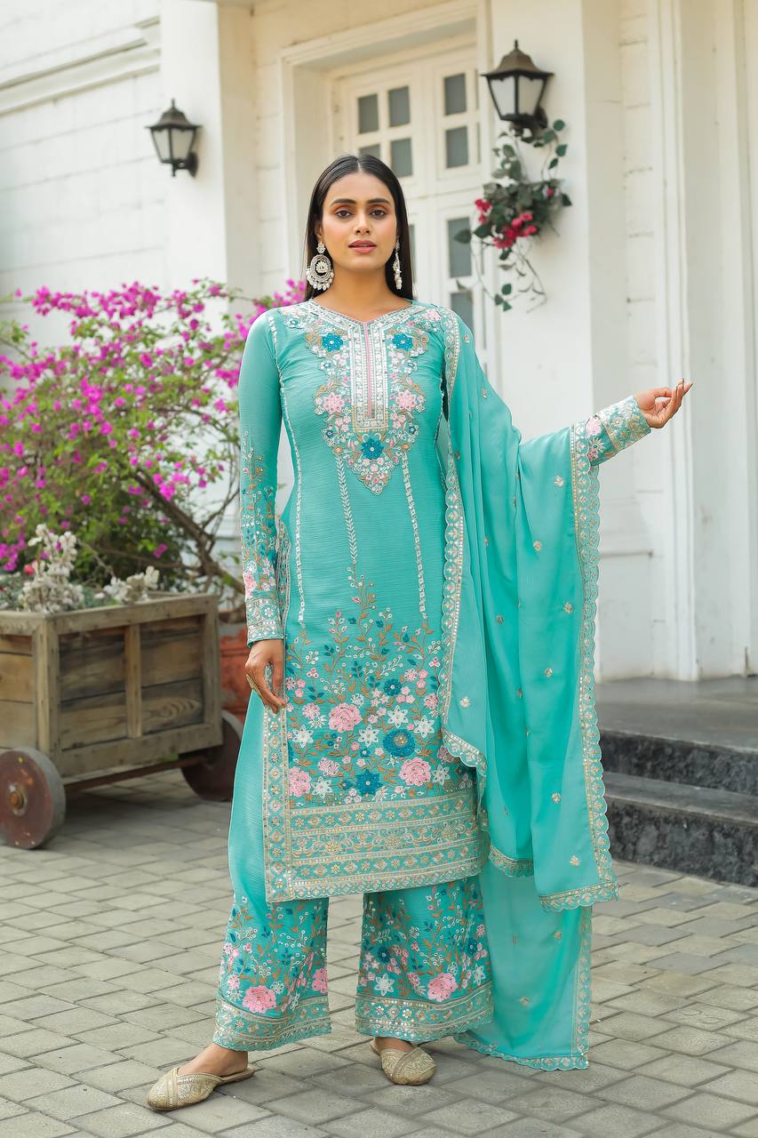 Premium Chinon Heavy Embroidery Plazo Salwar Kameez with Dupatta