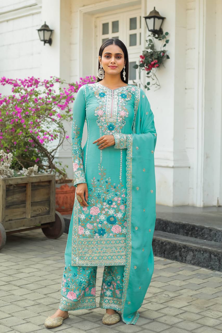 Premium Chinon Heavy Embroidery Plazo Salwar Kameez with Dupatta