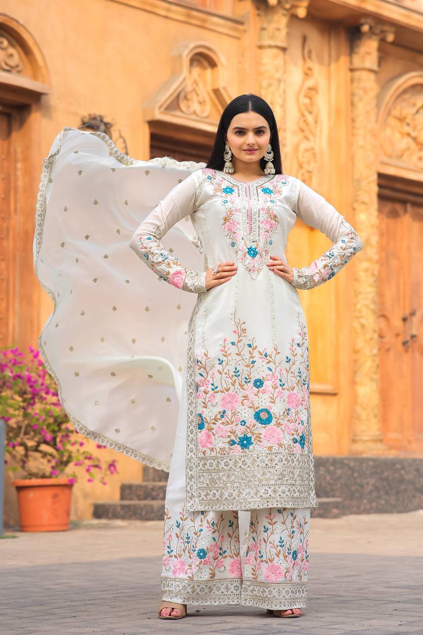 Premium Chinon Heavy Embroidery Plazo Salwar Kameez with Dupatta