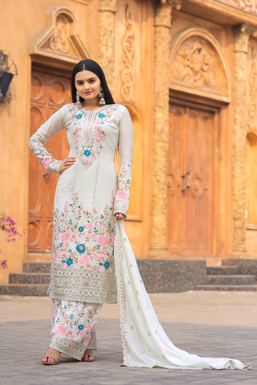 Premium Chinon Heavy Embroidery Plazo Salwar Kameez with Dupatta