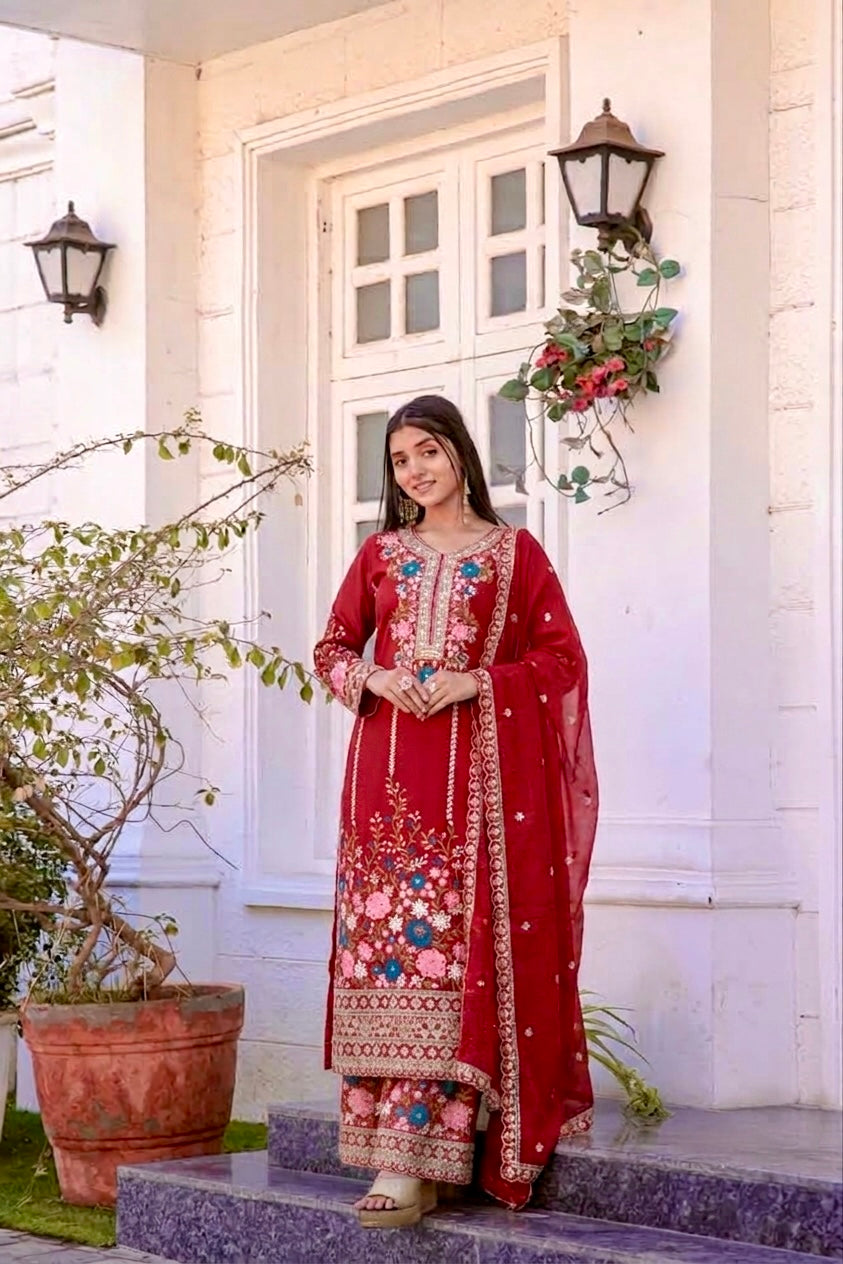 Premium Chinon Heavy Embroidery Plazo Salwar Kameez with Dupatta