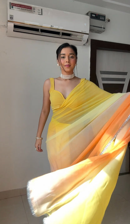 Yellow Ombre Georgette Ready to Wear Saree - Festive Ethnic Wear