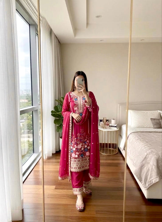 Premium Chinon Heavy Embroidery Plazo Salwar Kameez with Dupatta