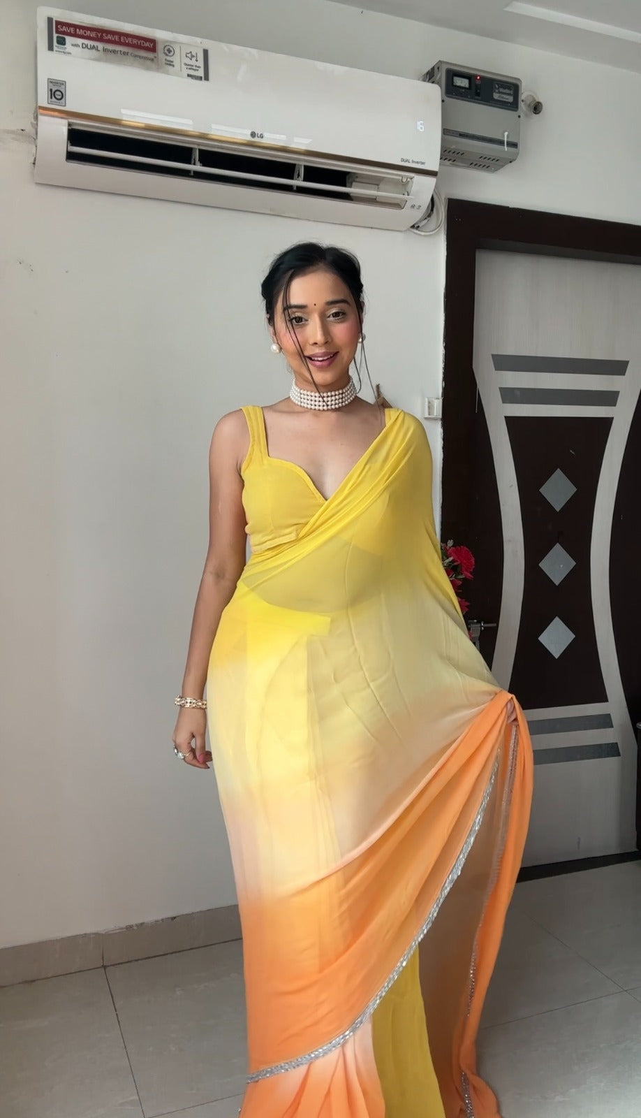 Yellow Ombre Georgette Ready to Wear Saree - Festive Ethnic Wear