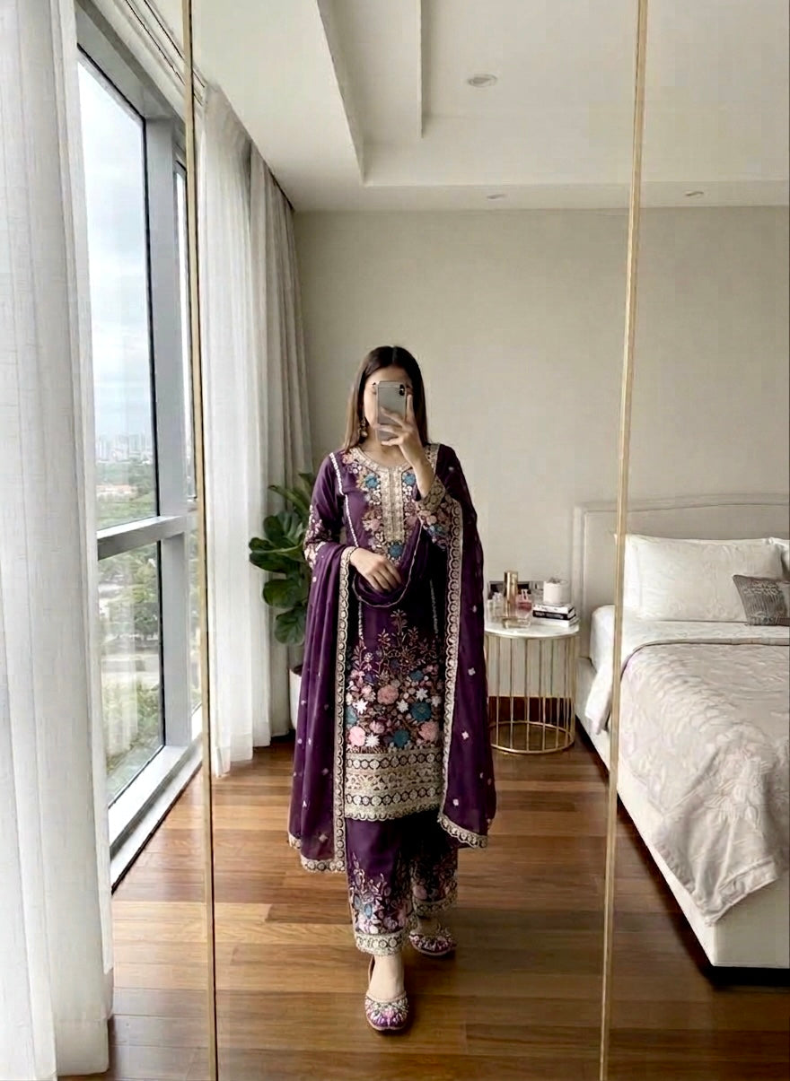 Premium Chinon Heavy Embroidery Plazo Salwar Kameez with Dupatta