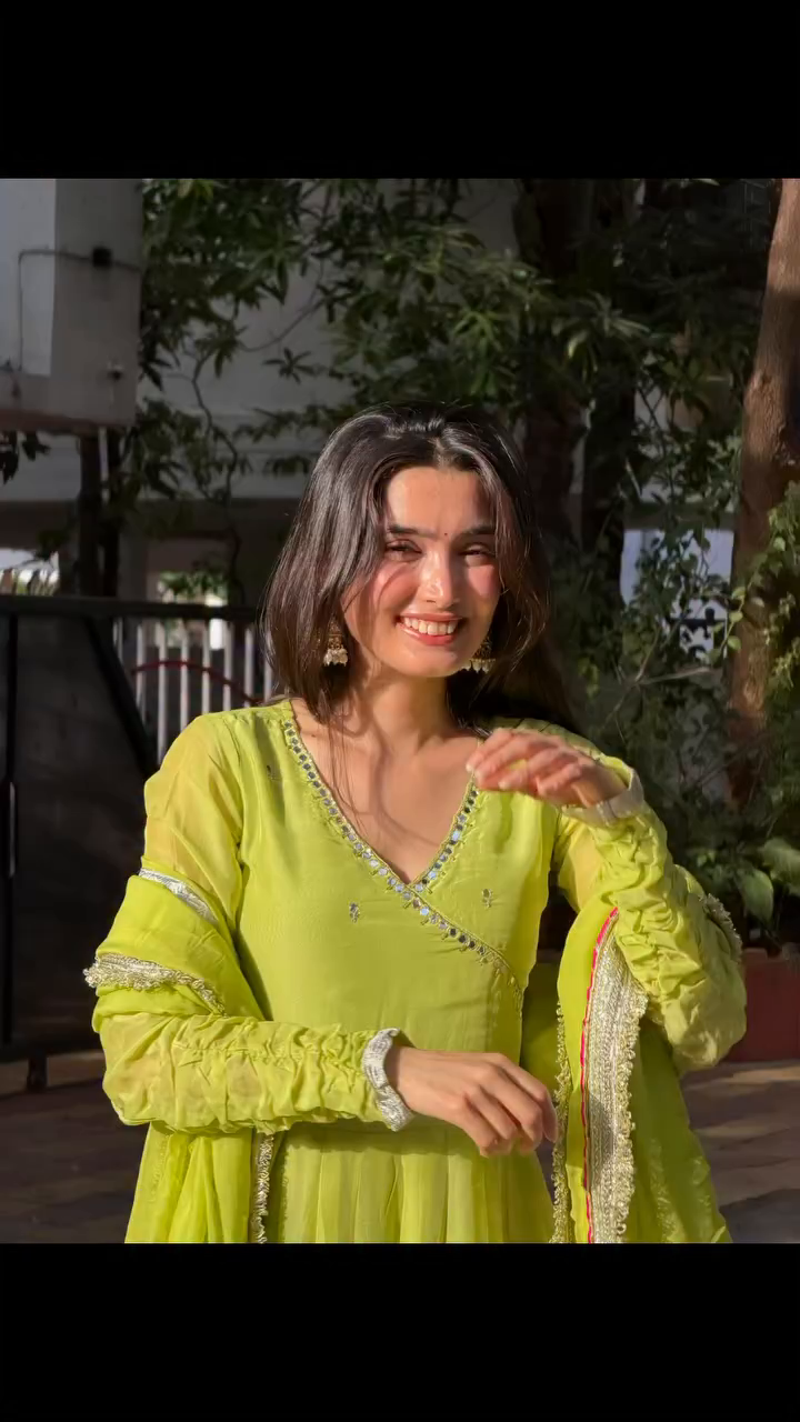 Parrot Green Tabby Organza Silk Anarkali Suit for Women
