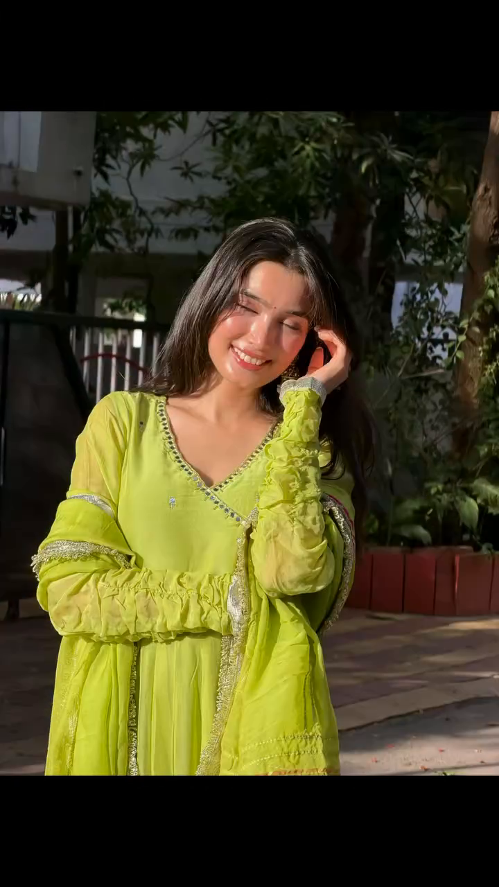 Parrot Green Tabby Organza Silk Anarkali Suit for Women