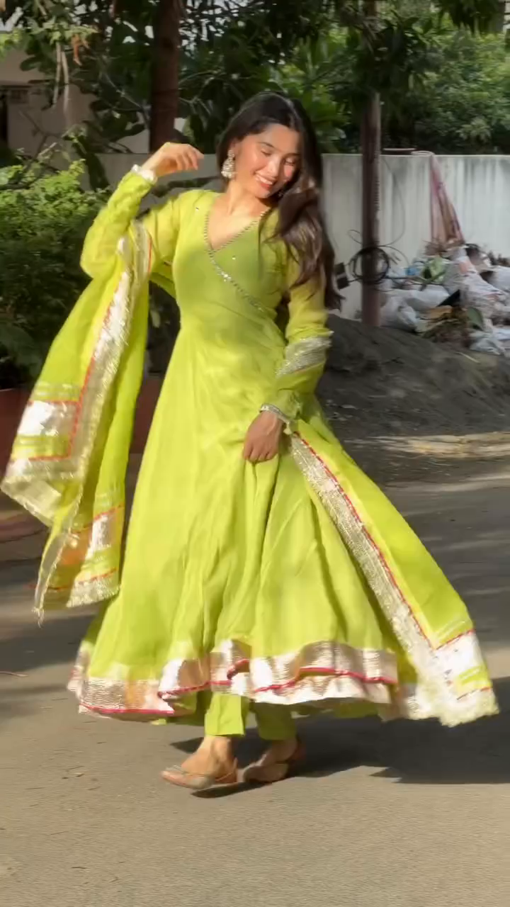 Parrot Green Tabby Organza Silk Anarkali Suit for Women